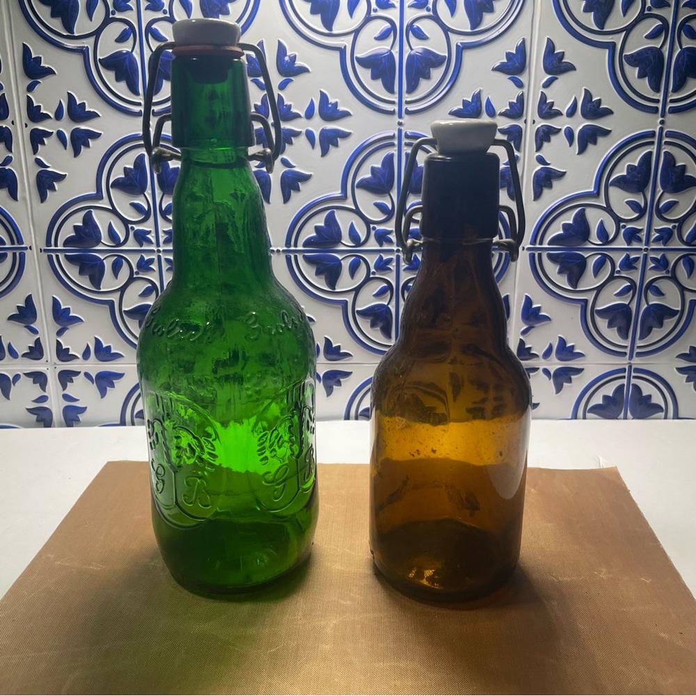 Grolsch Beer Bottle Green/brown Embossed Porcelain Swing Top Vintage Empty